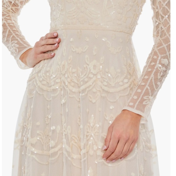 Mac Duggal Sequin Long Sleeve Mesh Midi Cocktail Dress Illusion High Neck - Picture 4 of 11